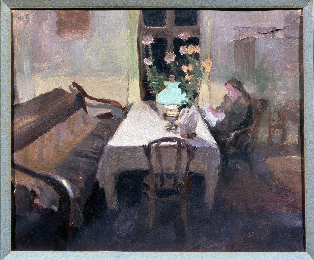 Værelse, om Aftenen. Værk af Jakov Jakolevich Kalinichenko (1869-1938), olie på papir af Iakov Kalinichenko