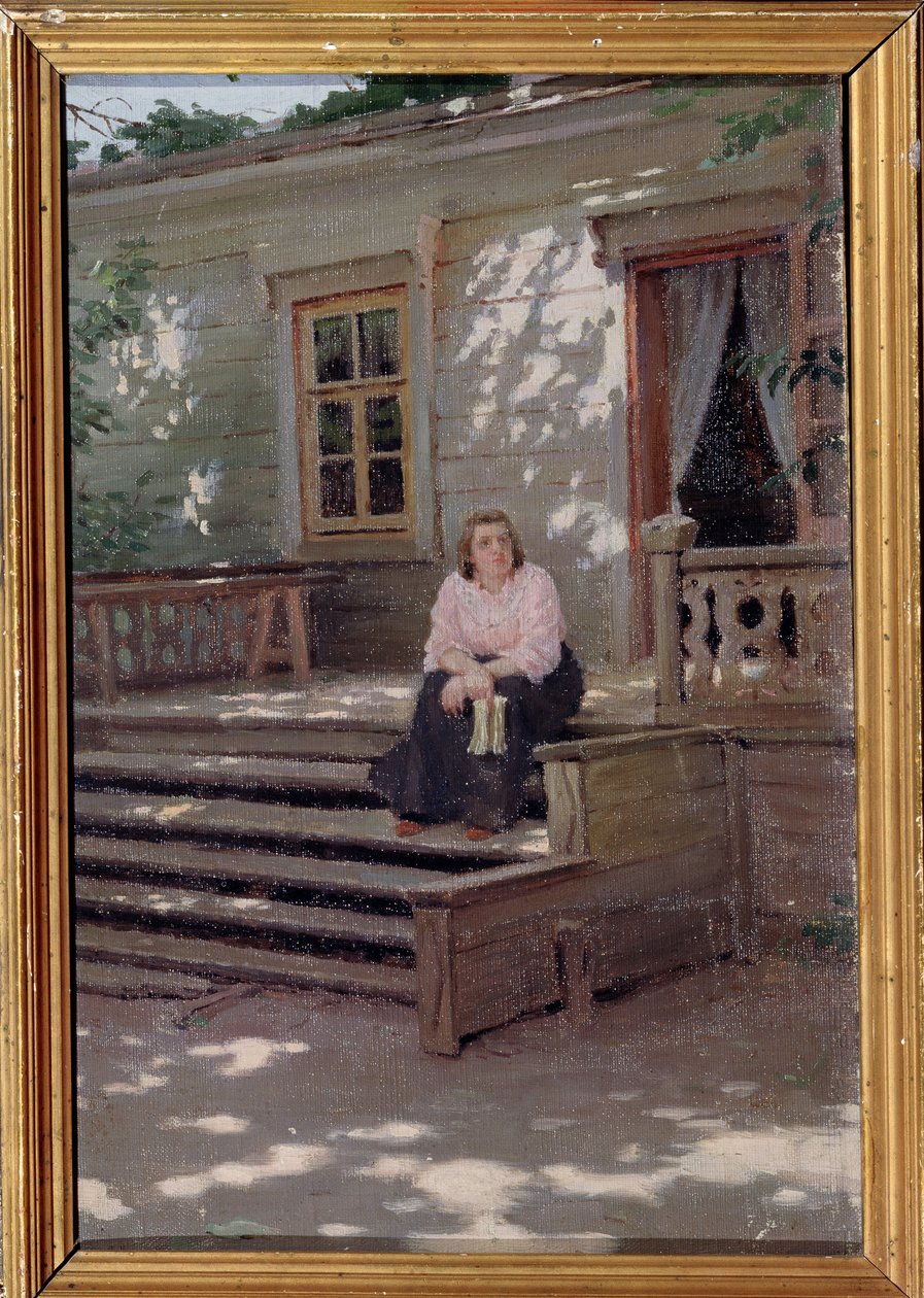 På våbenhuset (Ved Våbenhuset). En kvinde alene, der sidder på trappen foran et hus, og som ser ud til at vente på nogen. Maleri af Jakov Jakovlevich Kalinichenko (1869-1938), olie på lærred af Iakov Kalinichenko