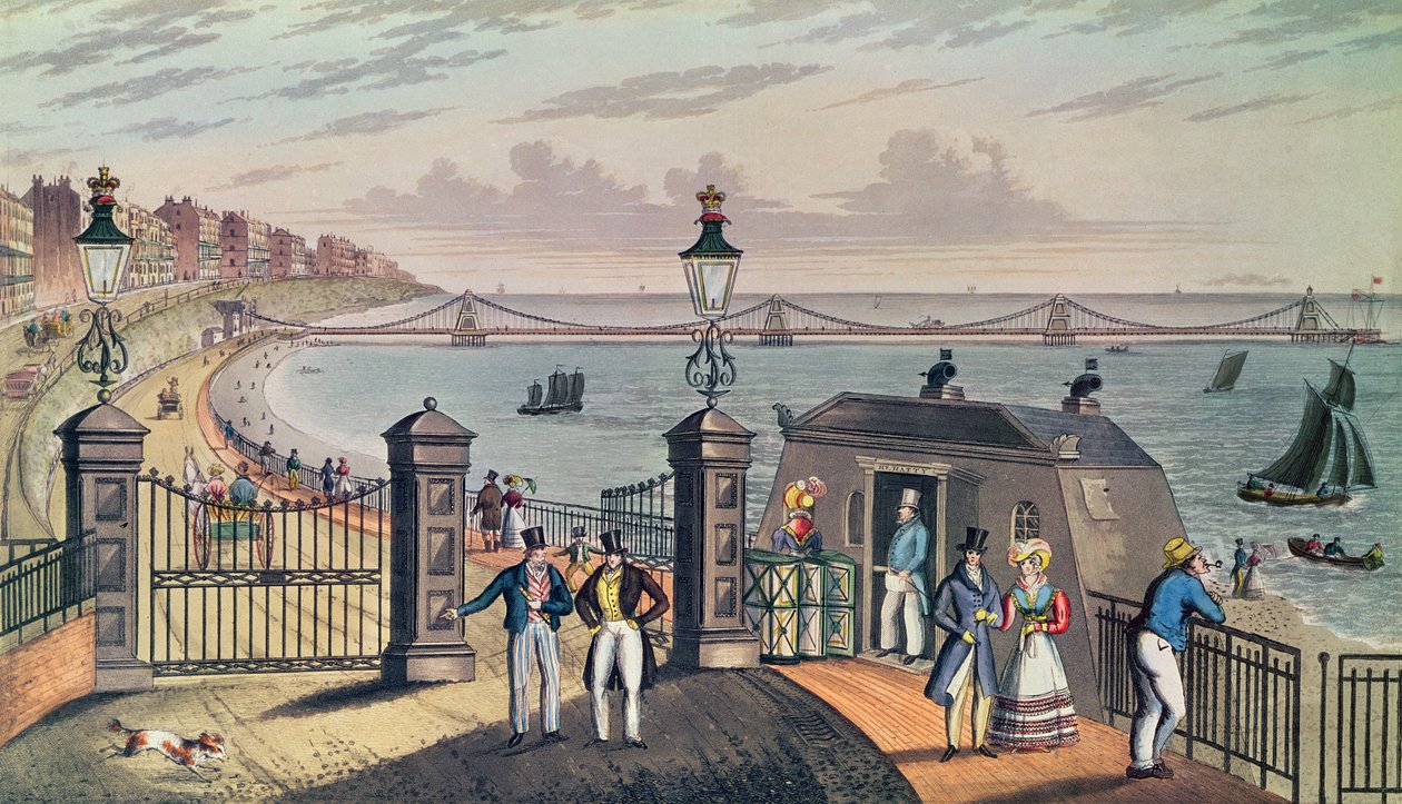 Chain Pier på forsiden i Brighton, designet og opført af kaptajn S. Brown R.N. i 1823, indgraveret og udgivet af kunstneren (farvetryk) af Ian Bruce