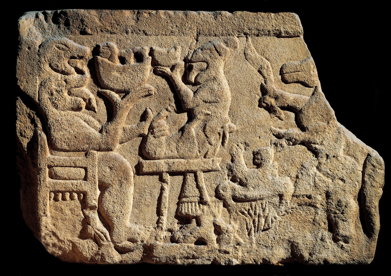 Iberisk kunst: lavrelief, der repræsenterer en mytologisk banketscene, hvor en gud fra underverdenen har to hoveder med åben mund foran et offeralter. Omkring 500 f.Kr. kommer fra graven i Pozo Moro, Spanien. Madrid, Museo Arqueologico Nacional af Iberian