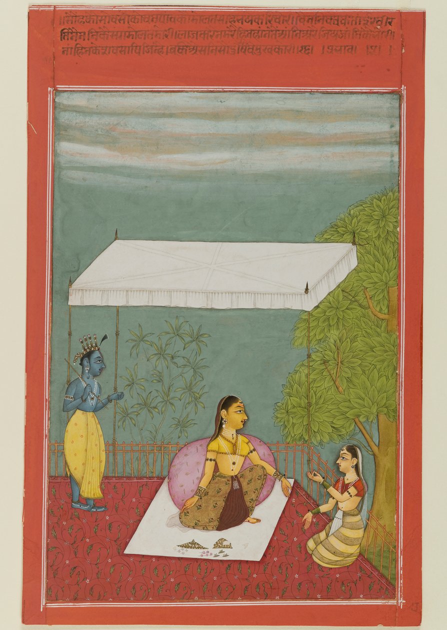 Nayika Awaits Her Lover, side fra en serie, der illustrerer Rasikapriya fra Keshavadasa, 1692 (ugennemsigtigt wc på papir) af Ibrahim Ibrahim