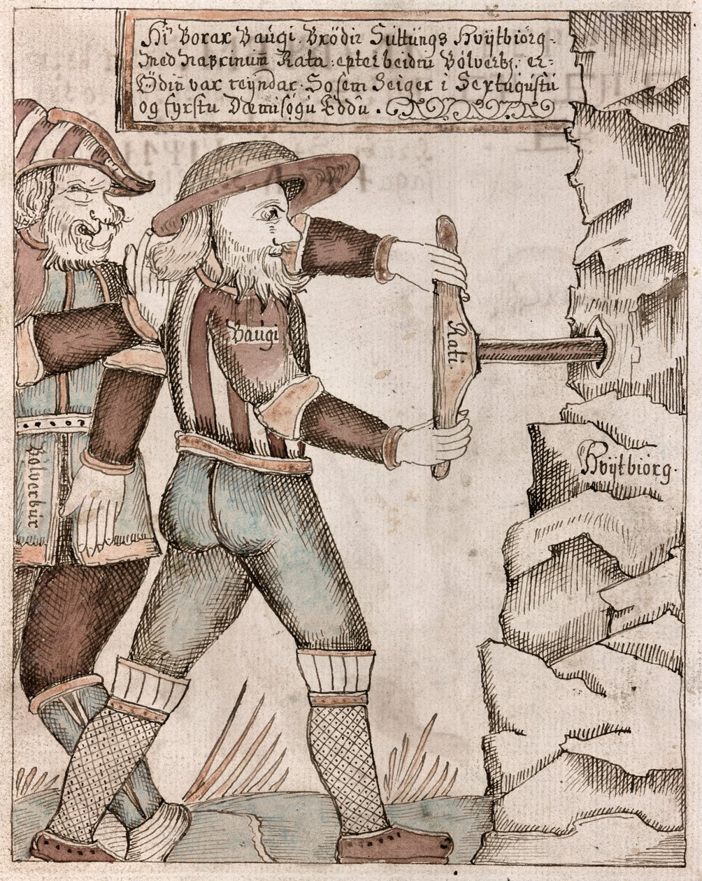 Kæmpen Baugi, overtalt af Odin, borer ind i sin bror, Suttungs underjordiske kammer, hvor hydromel, digternes mjød, er gemt af Icelandic School