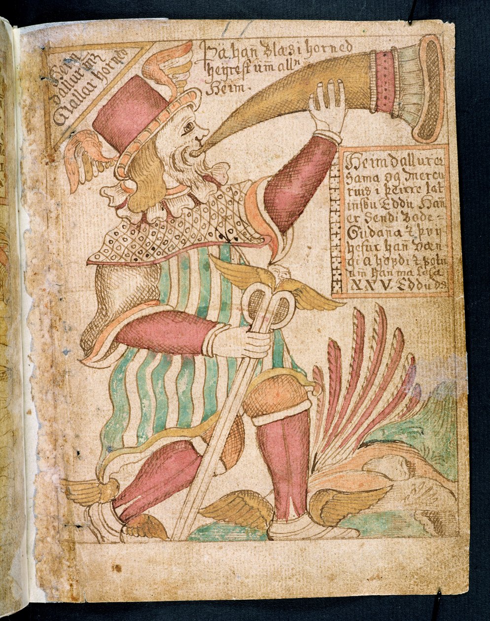 Heimdal blæser sit horn før Ragnarok, fra Melsteds Edda (pen & blæk og wc på papir) af Icelandic School