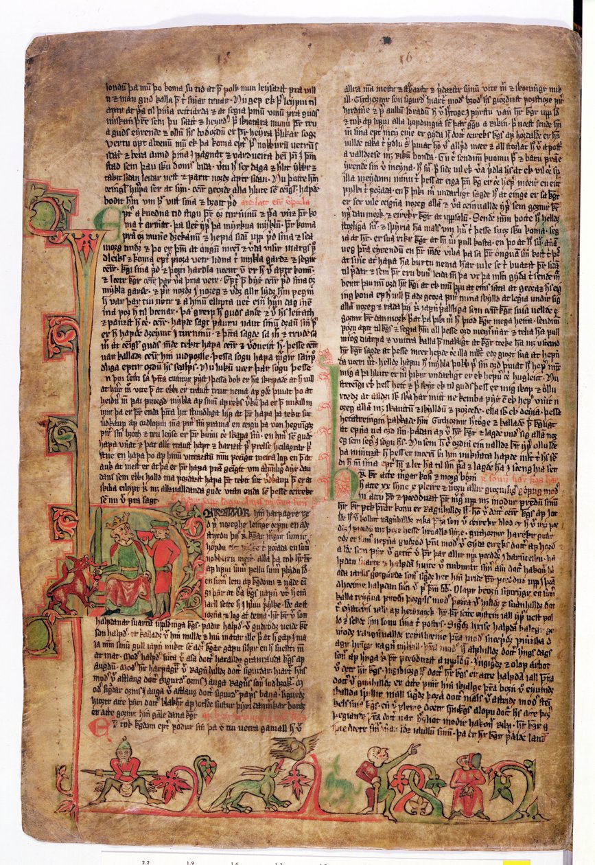 Historikert initial D i begyndelsen af Sagaen om Olaf Tryggvason, fra Flateyjarbok (The Book of Flatey) slutningen af det 14. århundrede af Icelandic School