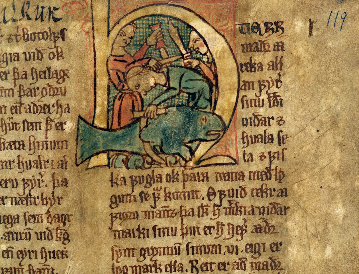 Historikert initial H fra en artikel om opdelingen af strandede hvaler, kopi af en original lovsamling fra det 14. århundrede Jonsbok af Icelandic School