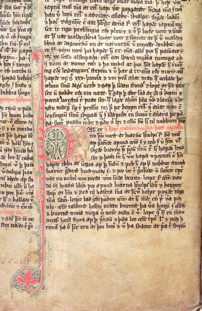 Historikert initial P i begyndelsen af Grønlændernes saga, fra Flateyjarbok (Bogen om Flatey) slutningen af det 14. århundrede af Icelandic School