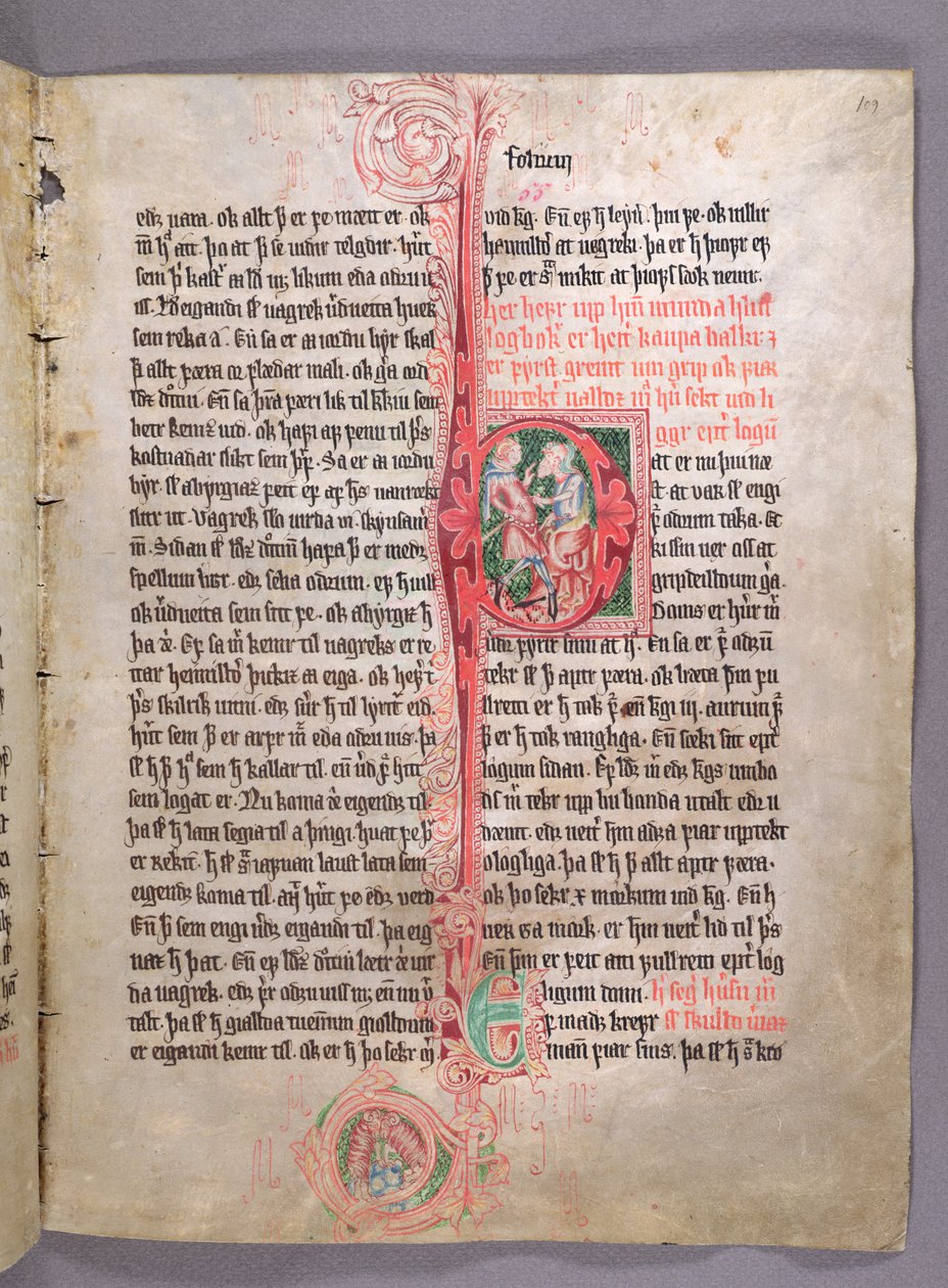 Historikert initial P, der forestiller to håndværkere, fra begyndelsen af afsnittet om handel, fra Skarosbok (Skardbogen) ca. 1350 af Icelandic School