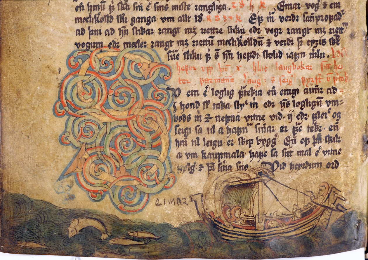 Historikert initial S, fra en kopi af den originale Jonsbok lovsamling fra det 13. århundrede af Icelandic School