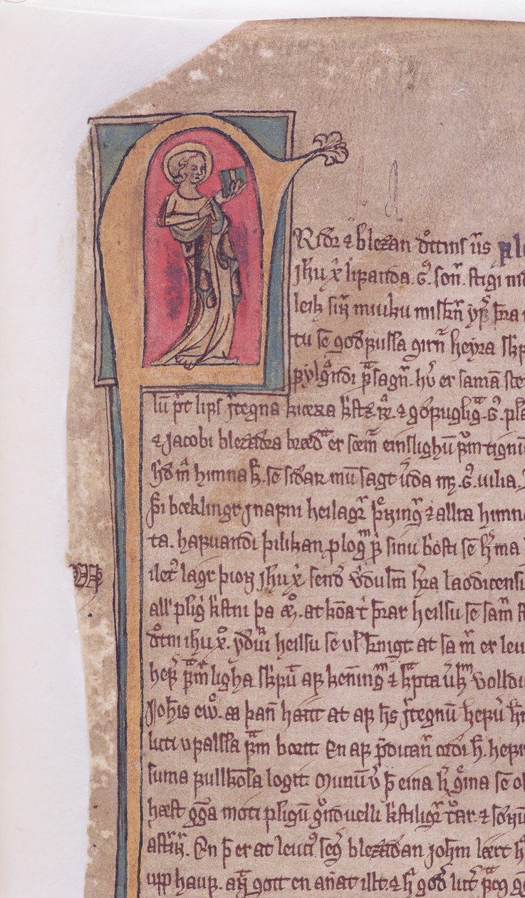 Historik initial i begyndelsen af Sagaen om de to apostle Johannes og Jakob, fra Codex Scardensis, ca. 1360 af Icelandic School