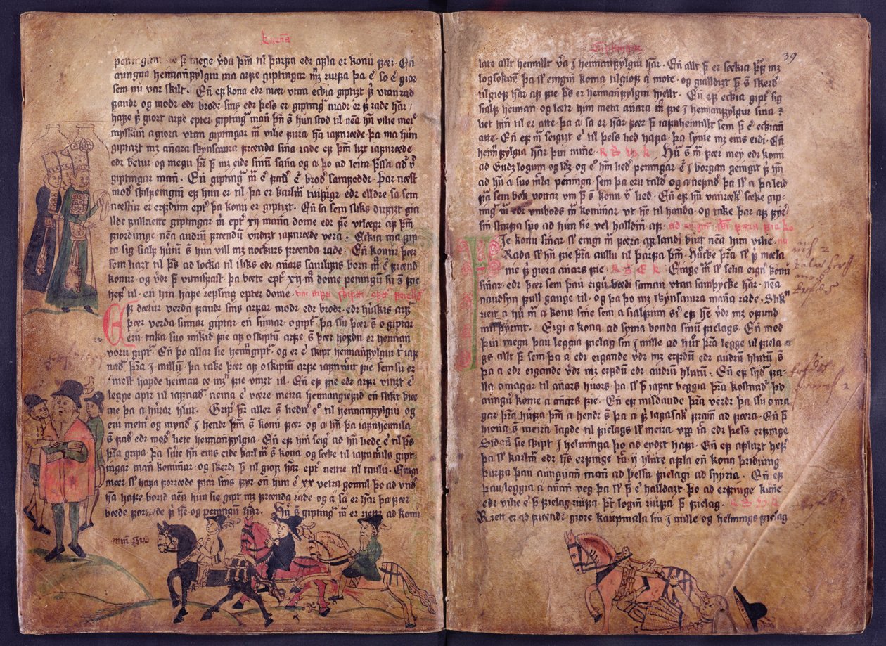 To illustrerede sider fra en kopi af den originale Jonsbok-lovsamling fra det 13. århundrede af Icelandic School