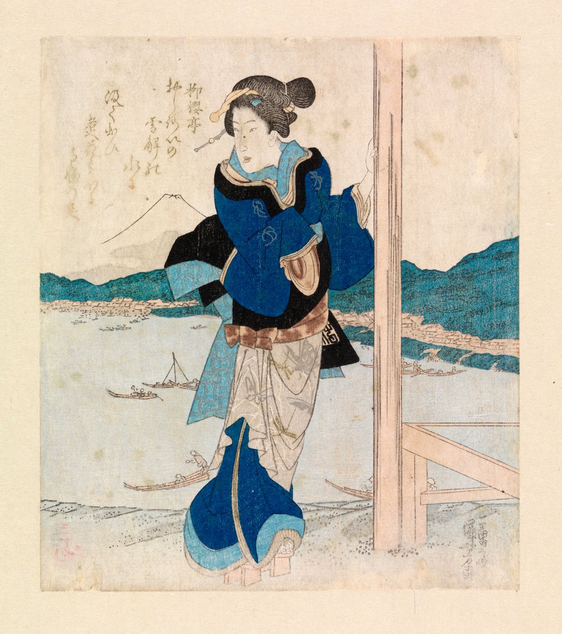 Geisha på balkonen af en kirsebærtræspavillon, ca. 1830 (farvetræsnit) af Ichiyusai Kuniyoshi