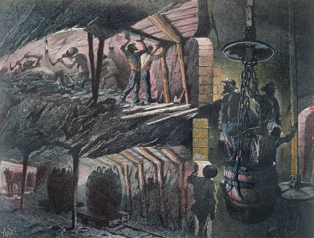 Tværsnit af en kulmine, graveret af Jules Ferat (f.1819) 1889 af Ignace Francois Bonhomme