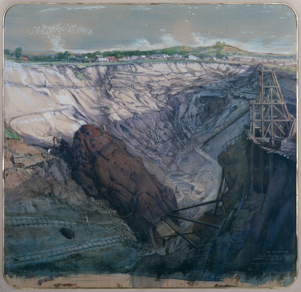 La Calamine, La Vieille Montagne, minedrift i åbent brud, Massif de Dolomie, 1857 af Ignace Francois Bonhomme