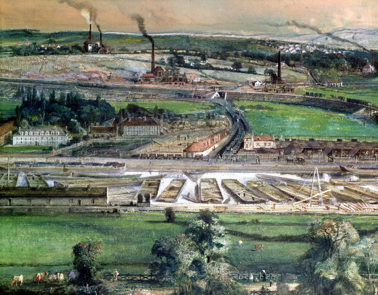 Industrilandskab i Blanzy-kulmarken, Saone-et-Loire, ca. 1860 wc på papir detalje af 157397 af Ignace Francois Bonhomme