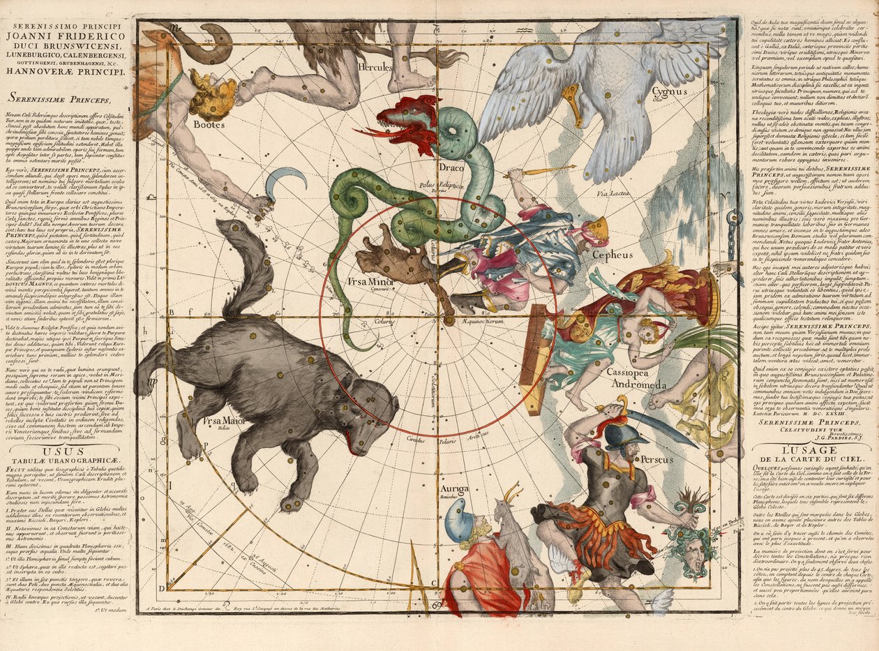 Nordpolen, plade 1 fra Globi coelestis in tabulas planas redacti descriptio, pub. 1674 (håndkoloreret gravering) af Ignace Gaston Pardies