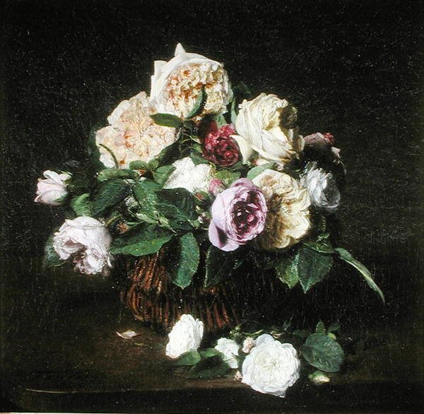 Roser i en kurv på et bord af Ignace Henri Jean Fantin Latour