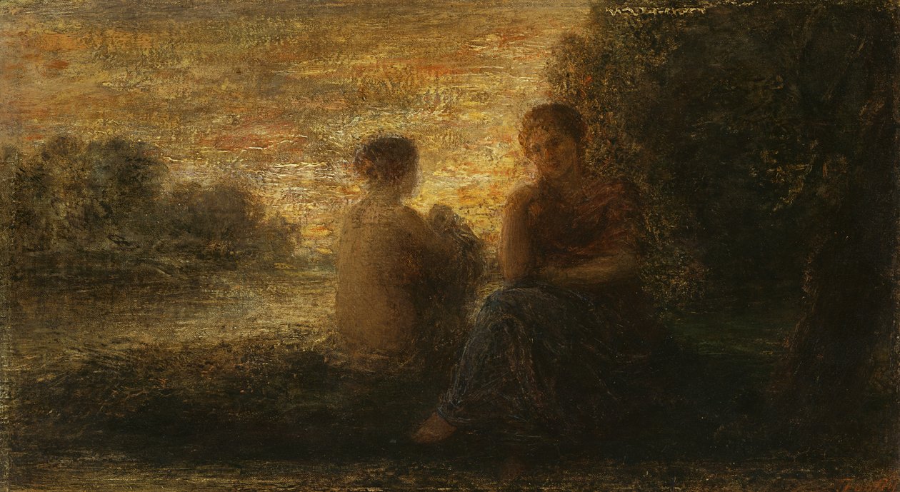 To kvinder siddende nær en sø (olie på lærred) af Ignace Henri Jean Fantin Latour
