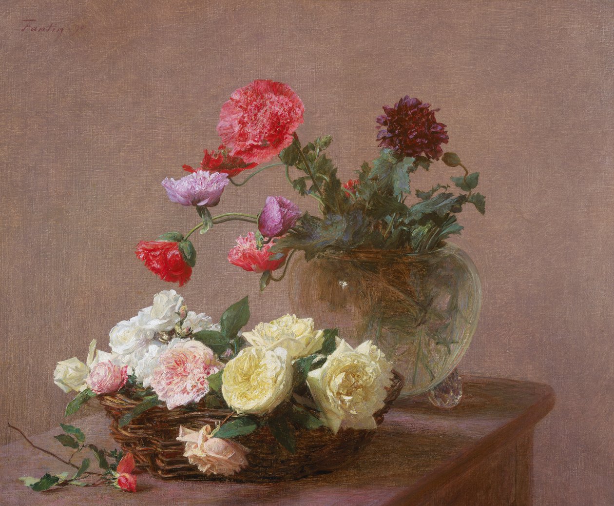 Valmuer i en krystalvase eller kurv med roser, 1890 af Ignace Henri Jean Fantin Latour