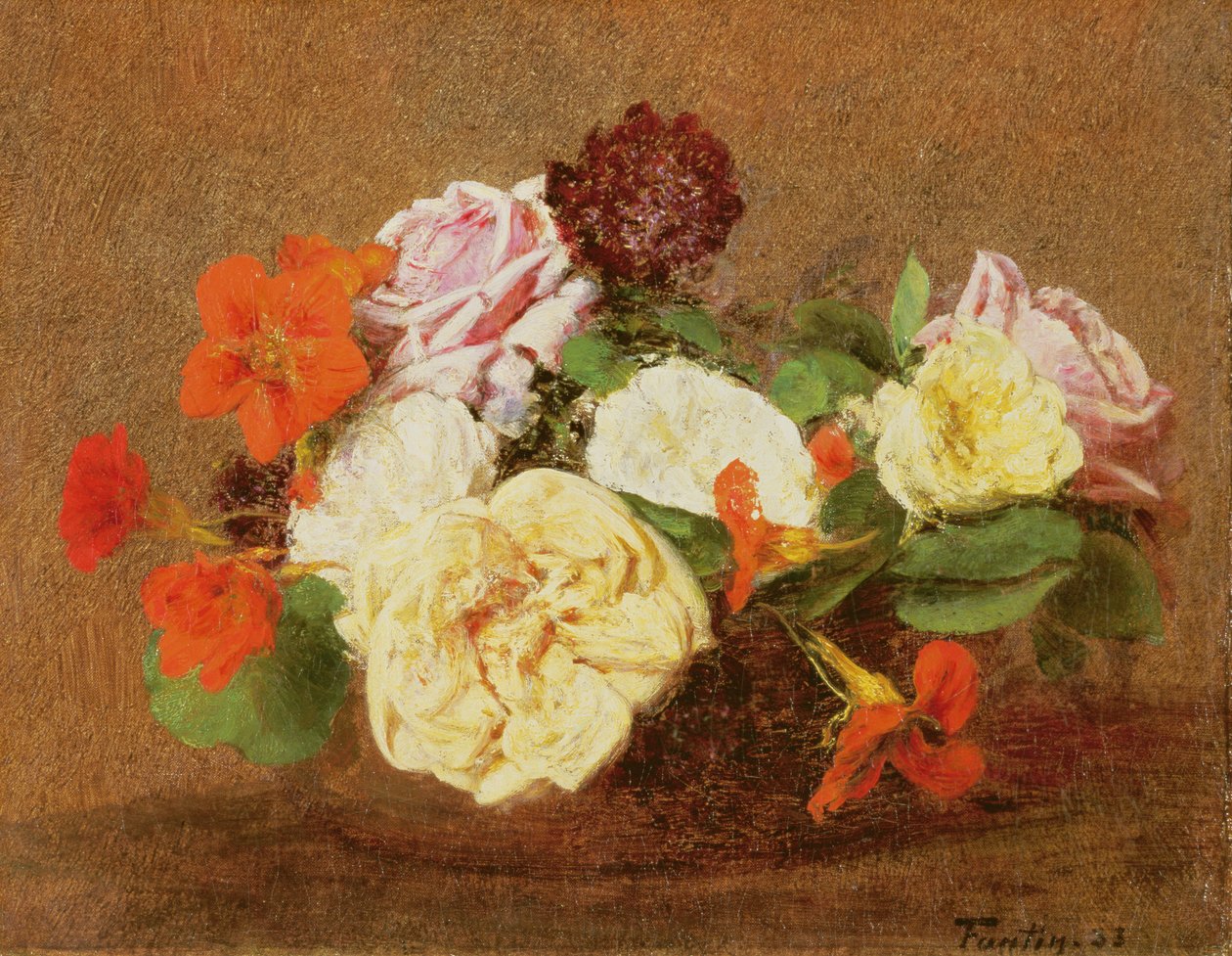 Roser og Nasturtiums i en vase, 1883 af Ignace Henri Jean Fantin Latour