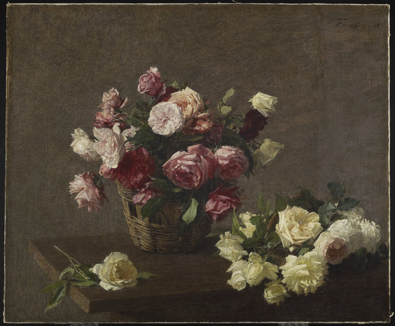 Roses in a Basket, eller Roses in a Basket, 1888 af Ignace Henri Jean Fantin Latour