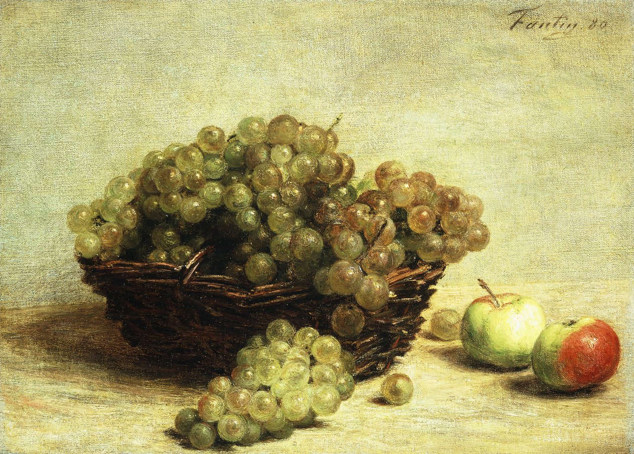 Stilleben, rosiner og æbler i en kurv; Nature Morte, Raisin et Pomme d"Api, 1880 af Ignace Henri Jean Fantin Latour