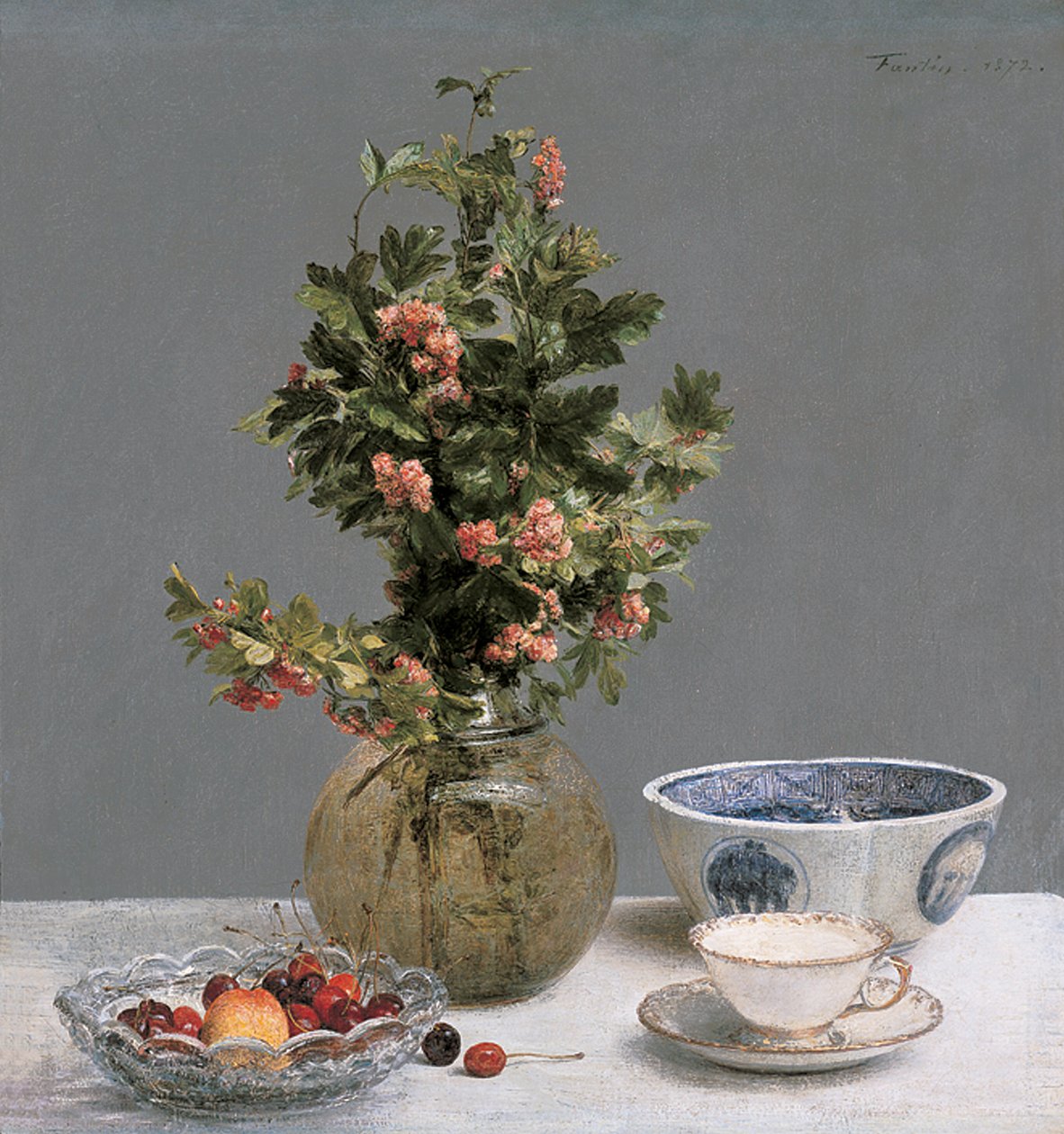 Stilleben med vase af tjørn, skål med kirsebær, japansk skål og kop og underkop af Ignace Henri Jean Fantin Latour