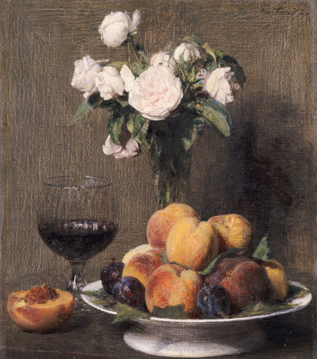 Stilleben med roser, frugt og et glas vin, 1872 af Ignace Henri Jean Fantin Latour