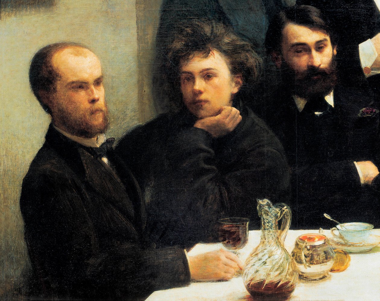 Bordhjørne: fra venstre mod højre: Paul Verlaine, Arthur Rimbaud, Elzear Bonnier. (Maleri, 1800-tallet) af Ignace Henri Jean Fantin Latour