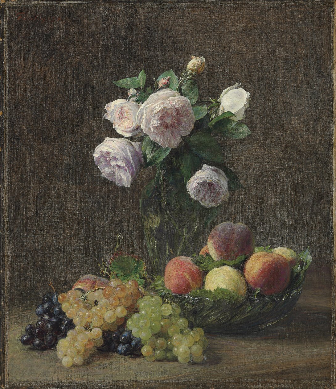 Vase med roser, ferskner og druer, 1894 af Ignace Henri Jean Fantin Latour