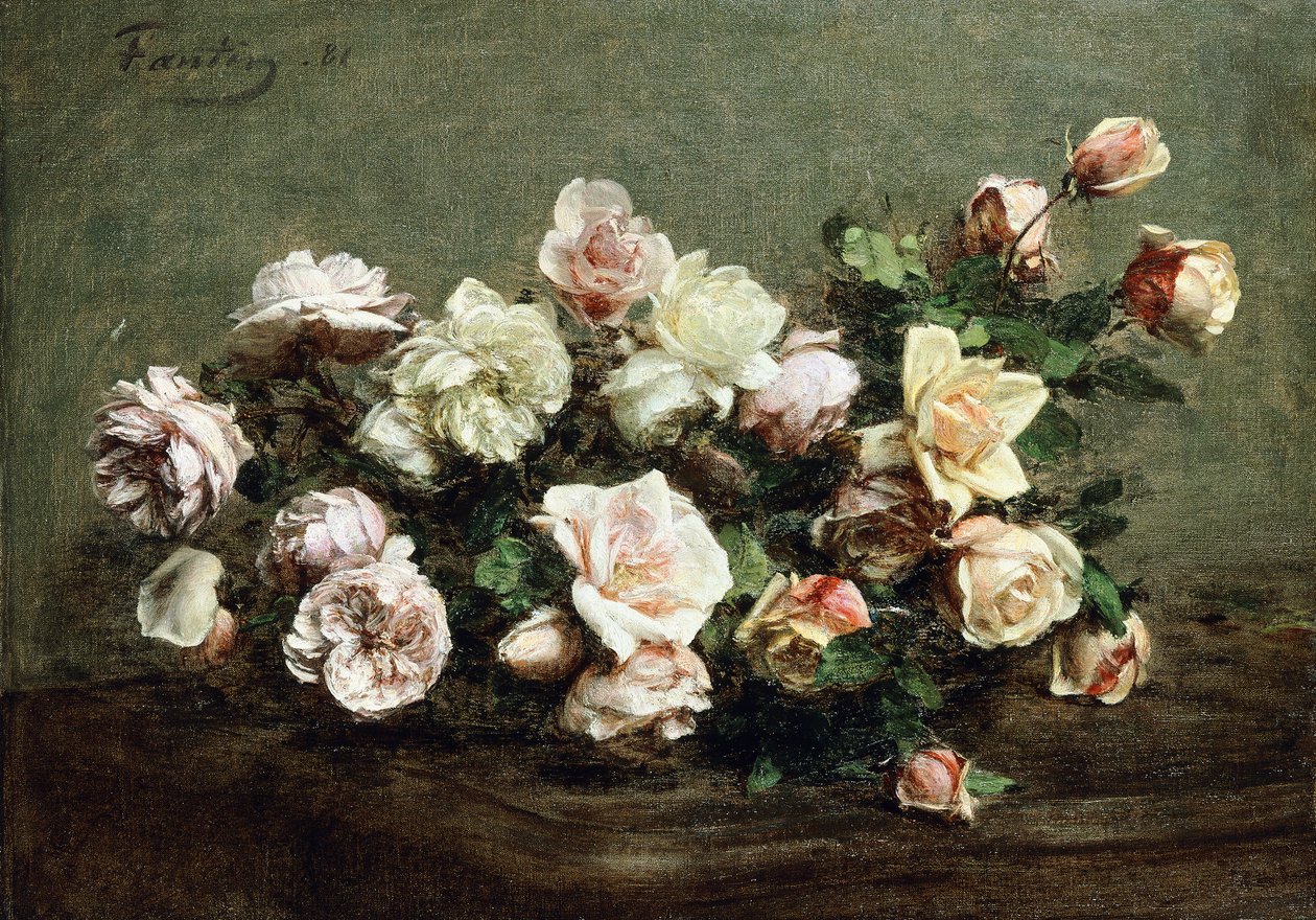 Vase med hvide roser på et bord; Vase med hvide og lyserøde roser på bordet, af Ignace Henri Jean Fantin Latour