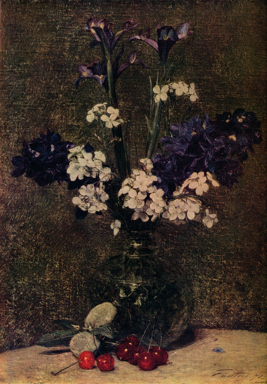 Vase med blomster, med kirsebær og mandler på bordet, Nature morte, iris, Delphinium hybrider a af Ignace Henri Jean Fantin Latour