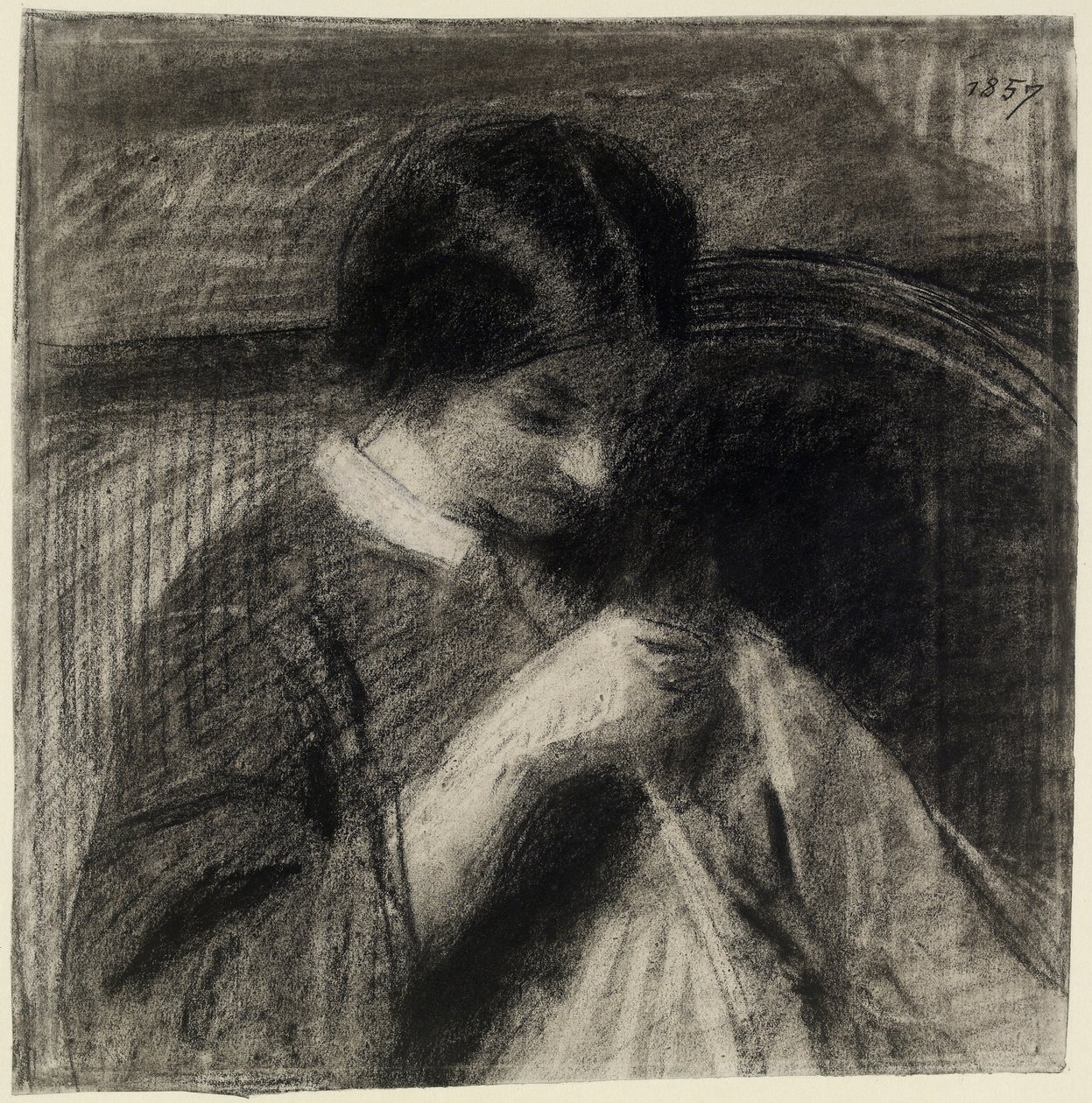 Kvindesyning (kul med stumpning og sletninger, rørt med hvidt kridt på hvidt papir) af Ignace Henri Jean Fantin Latour