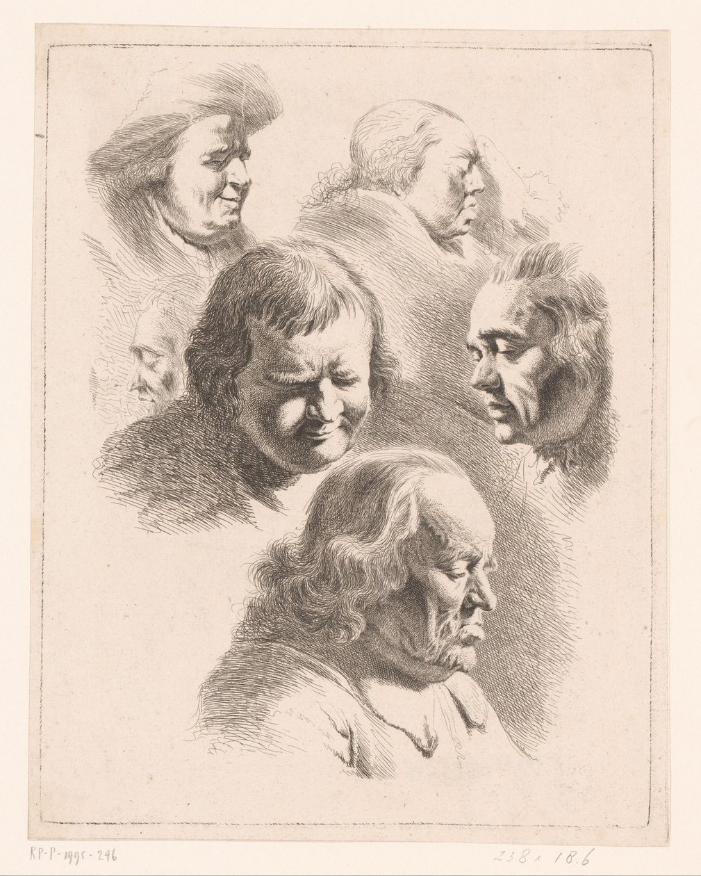 Sammensætning med seks hoveder af mænd og kvinder med lukkede øjne af Ignace Joseph de Claussin (attributed to)