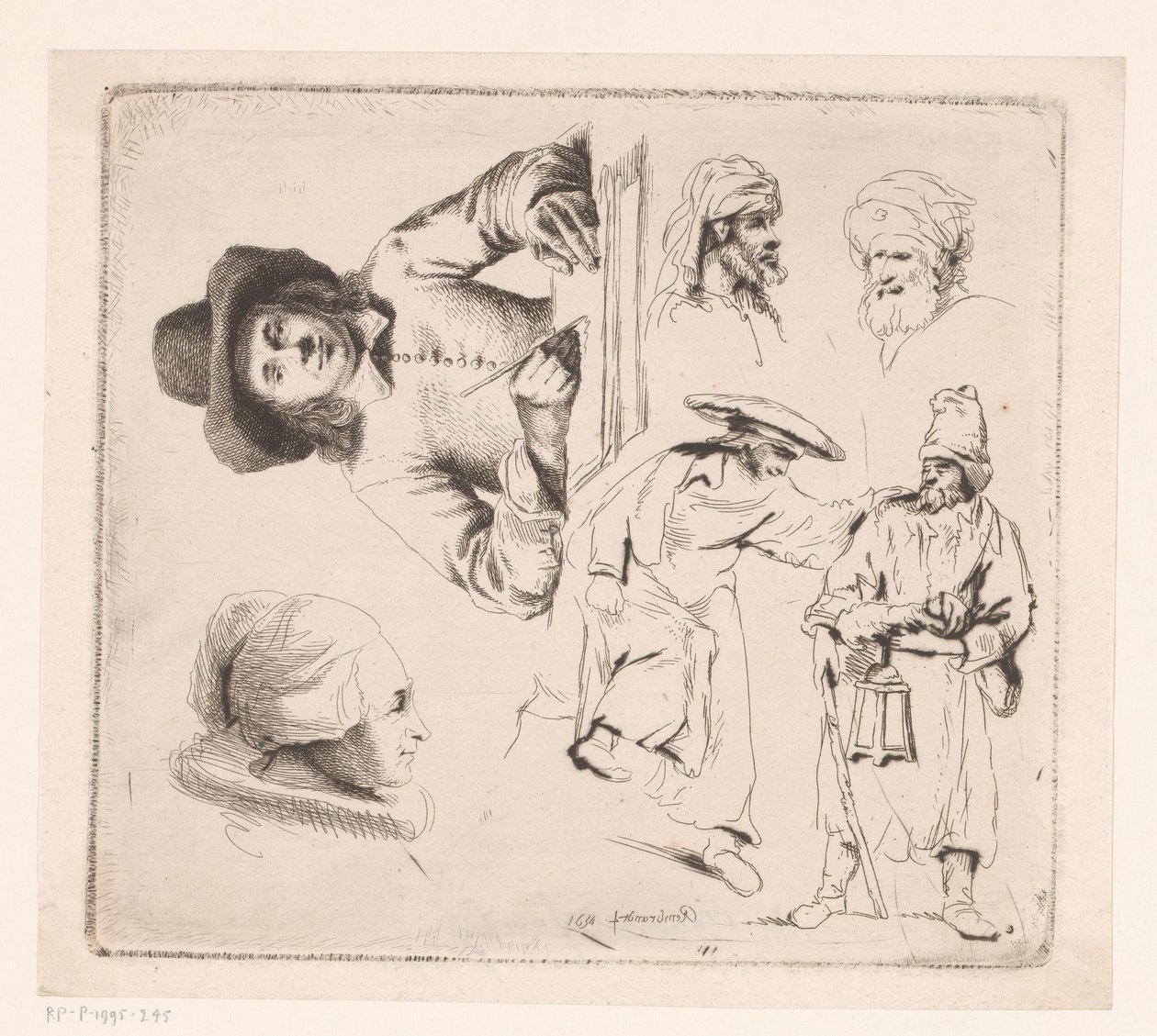 Komposition med en skrivende mand, et kvindehoved og fire mandsfigurer af Ignace Joseph de Claussin