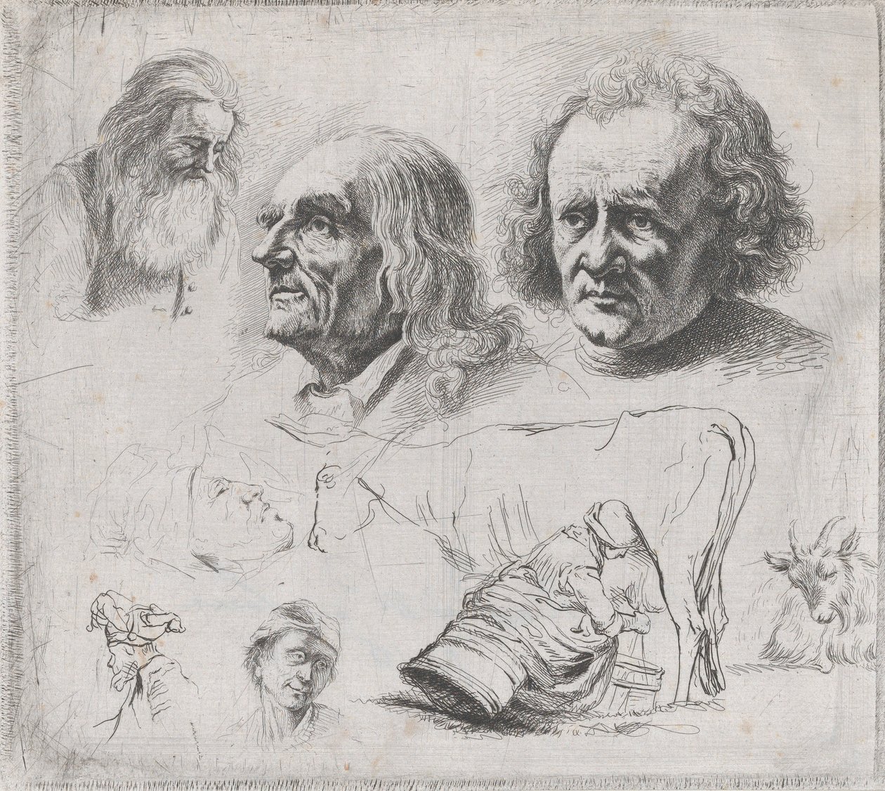 Studie af seks hoveder og en mælkepige, 1816. af Ignace Joseph de Claussin