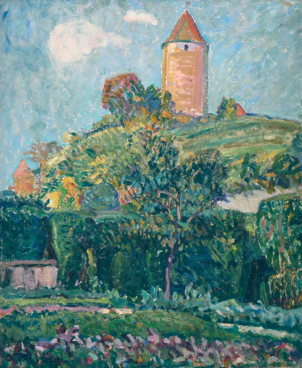 Udsigt over Romont (olie på pap) af Ignace Nazaire Oswald Pilloud