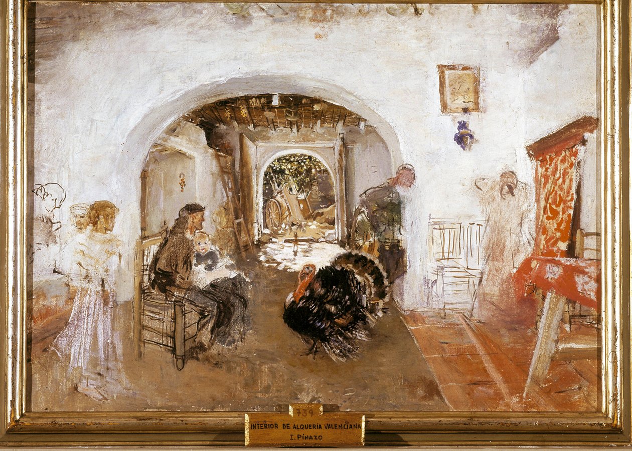 Interiør af en gård i Valencia i Spanien. Maleri af Ignacio PINAZO CAMARLENCH af Ignacio Pinazo Camarlech
