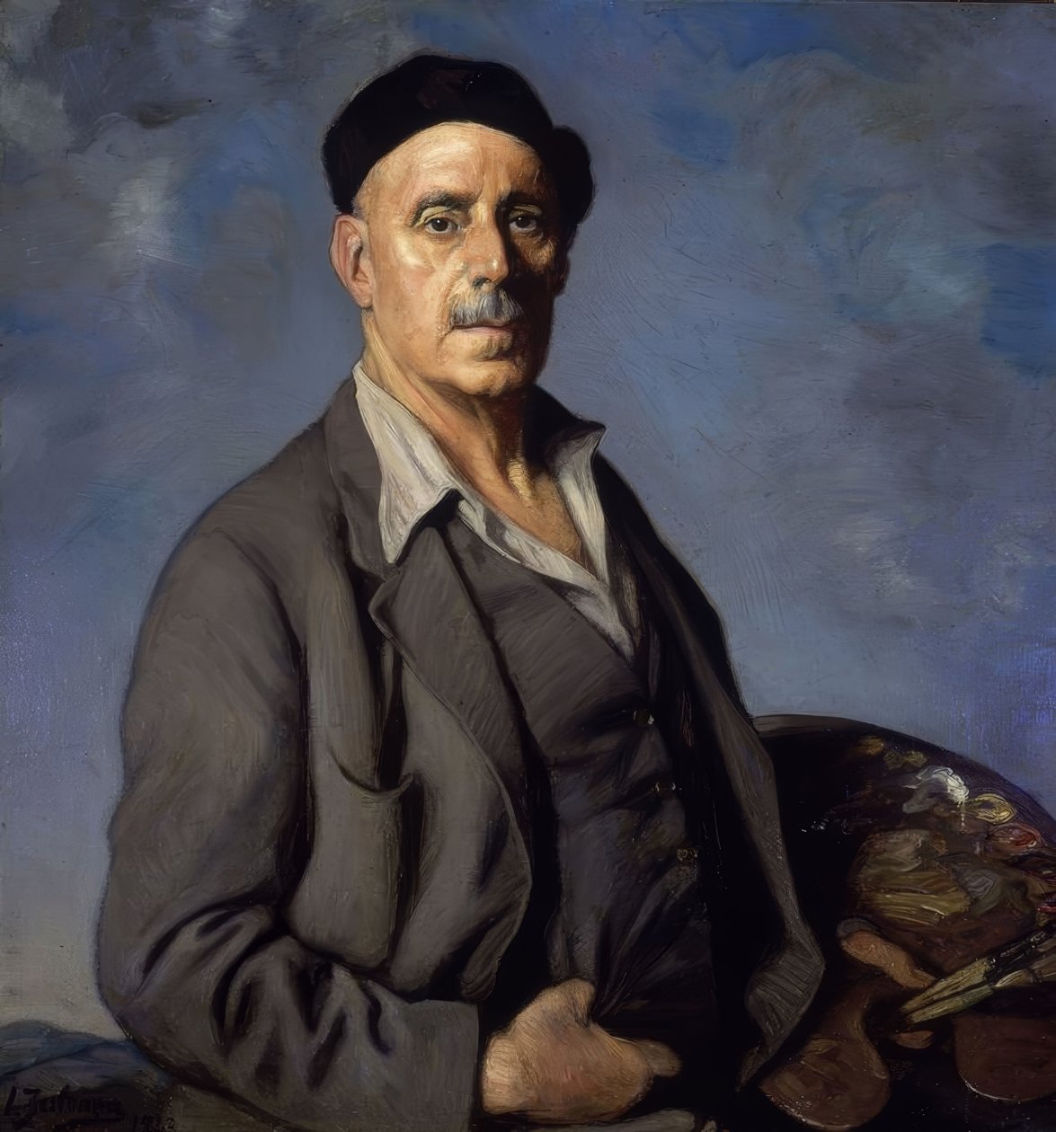 SELVPORTRÆT MED BLÅ BAGGRUND - 1942 - OLIE / LÆRD - 90X85 cm af Ignacio Zuloaga y Zabaleta