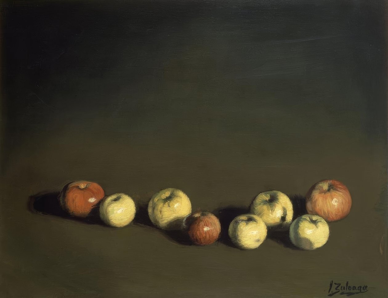 STILLEBEN AF DE otte æbler – 1944 – OLEO / LOENZO – 37 X 72 CM af Ignacio Zuloaga y Zabaleta