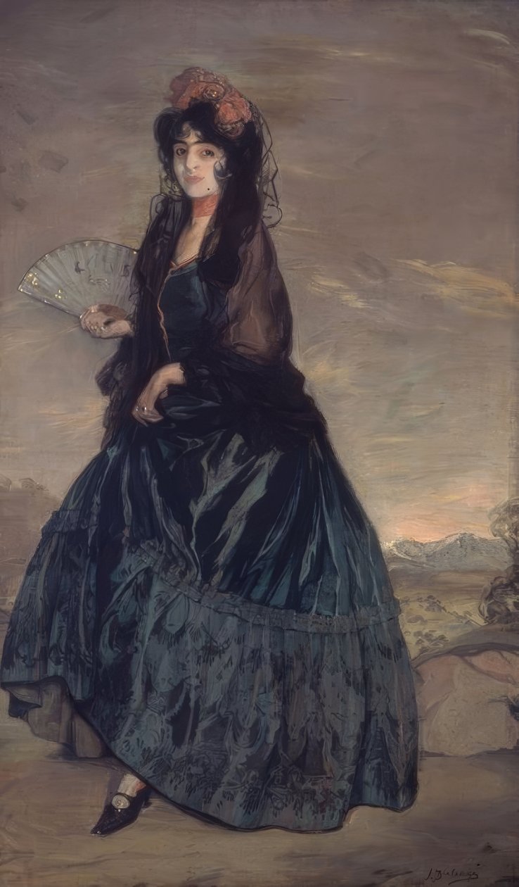 KVINDE MED TÆPPE, BLOMSTER OG VENTILATOR - LÆRDSOLIE - 199 × 120,5 CM af Ignacio Zuloaga y Zabaleta
