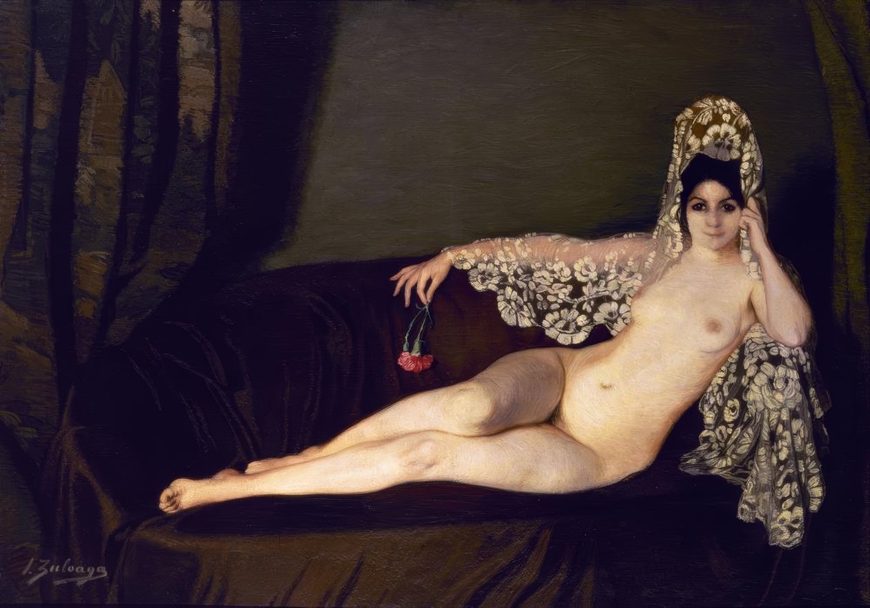 Nøgen med nellike’, 1915, Olie på lærred, 131 × 184 cm, AS00820 af Ignacio Zuloaga y Zabaleta