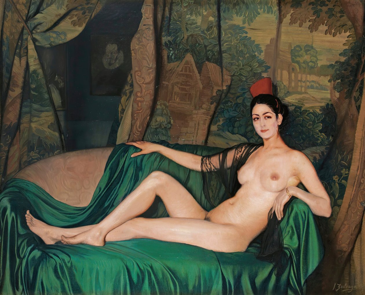 Madame Souty tilbagelænet på en Madame Souty sofa, 1921. af Ignacio Zuloaga y Zabaleto