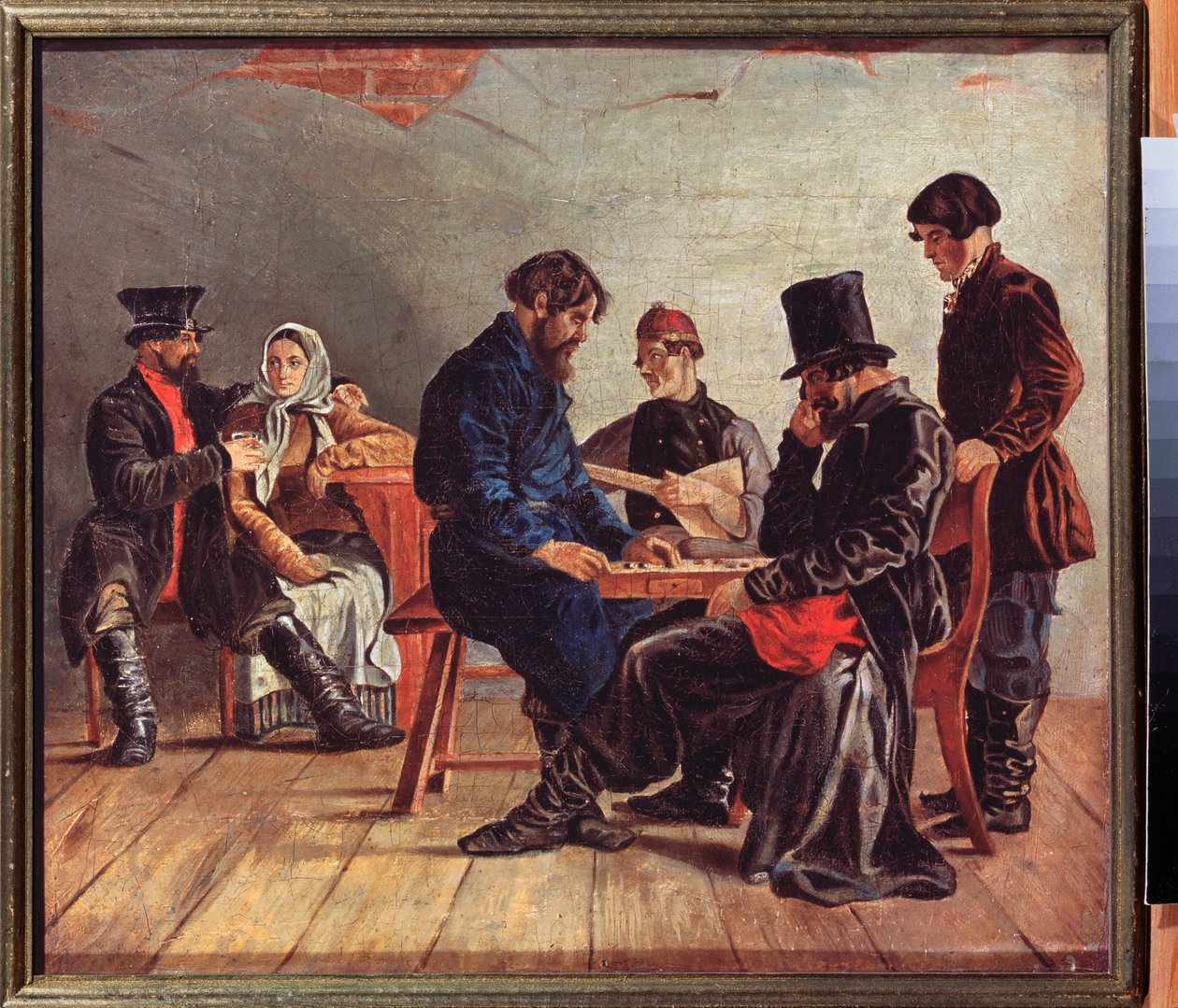 Drafts Players (to koncentrerede spillere, en musiker og et par, i et værtshus) - Drafts Players - Maleri af Ignati Stepanovich Shchedrovsky (1815-1870), olie på lærred - russisk kunst fra det 19. århundrede - Statens kunstmuseum, Nizhny Novgorod ( Rusland af Ignati Stepanovich Shchedrovsky