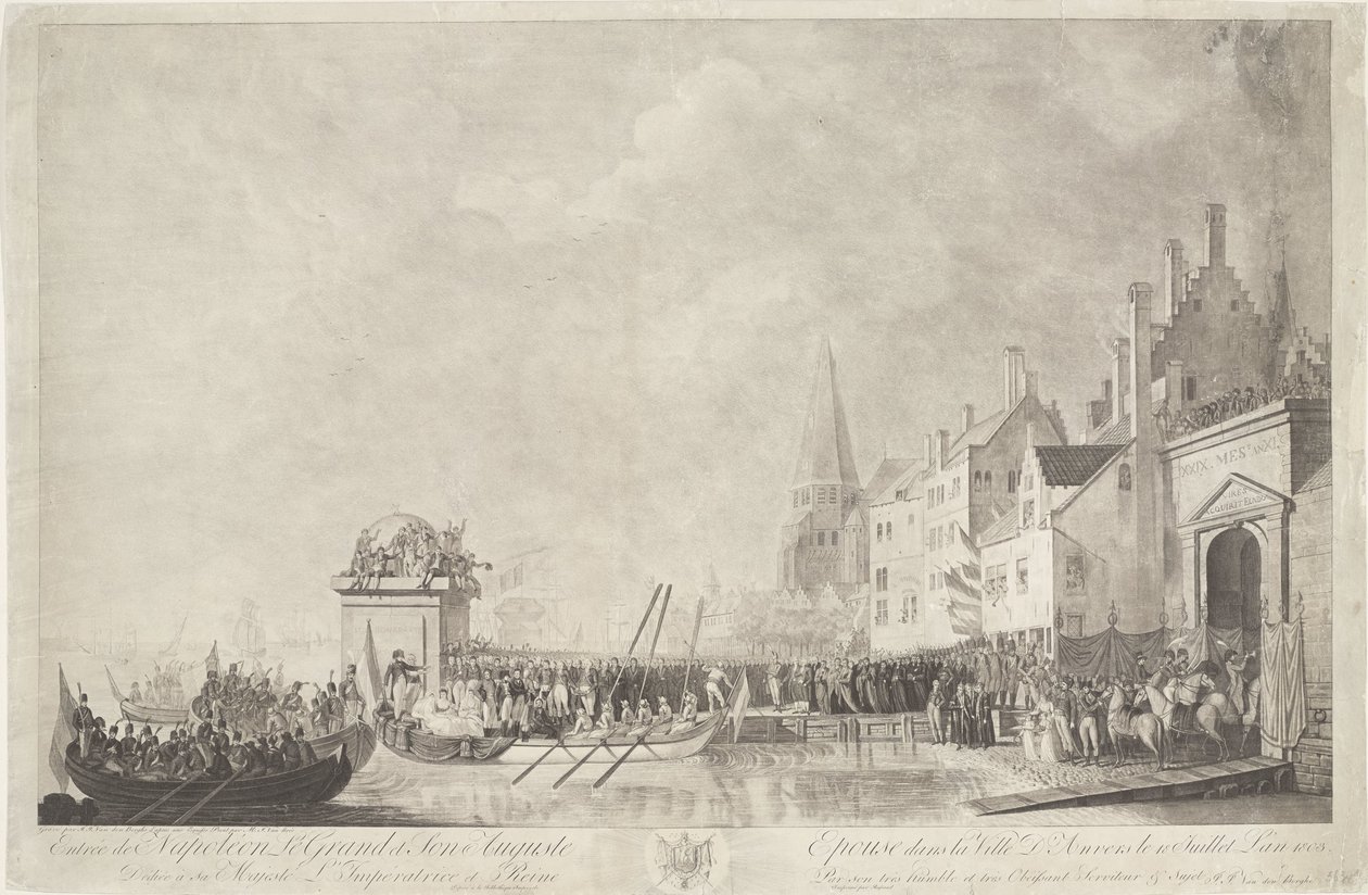 Aankomst van Napoleon i Josephine te Antwerpen, 1803 Napoleon den Stores og hans Augustus ægtefælles indrejse i byen Antwerpen den 18. juli 1803 (titel på objektet) af Ignatius Joseph van den Berghe