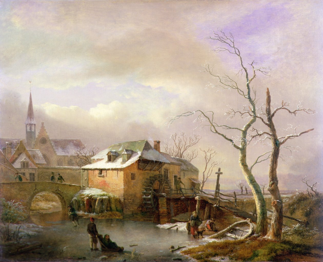 Et vinterlandskab med bønder på en frossen mølledam ved en landsby (olie på lærred) af Ignatius Josephus van Regemorter