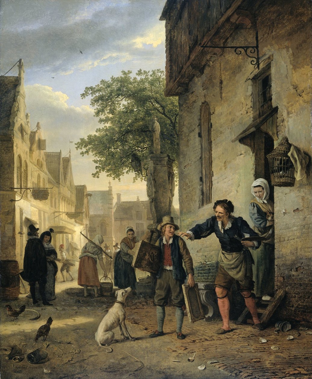Jan Steen sender sin søn på gaden for at bytte malerier med øl og vin af Ignatius Josephus van Regemorter