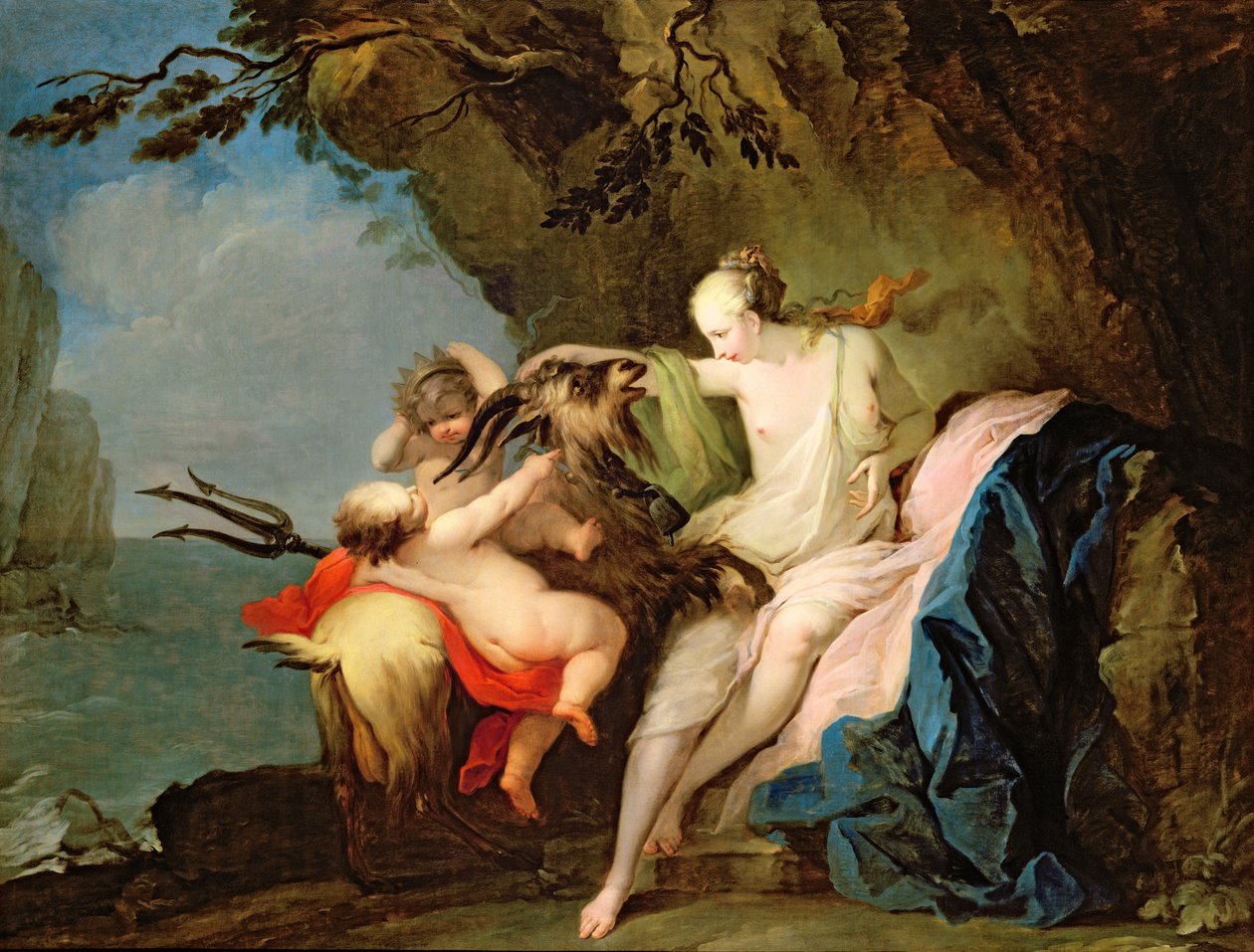 Nymfen Adrastia og geden Amalthea med Zeus-barnet (olie på romersk brostensbelagt lærred) af Ignaz Stern