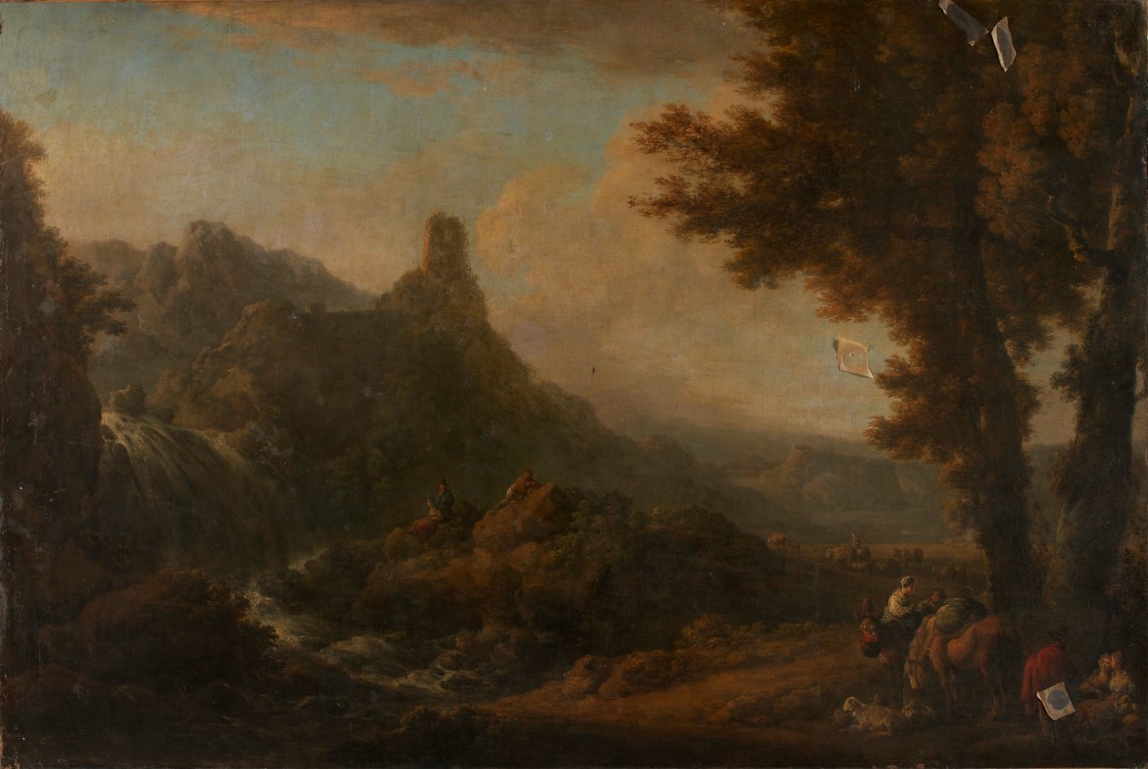 landskab med vandfald af Ignaz Du Vivier