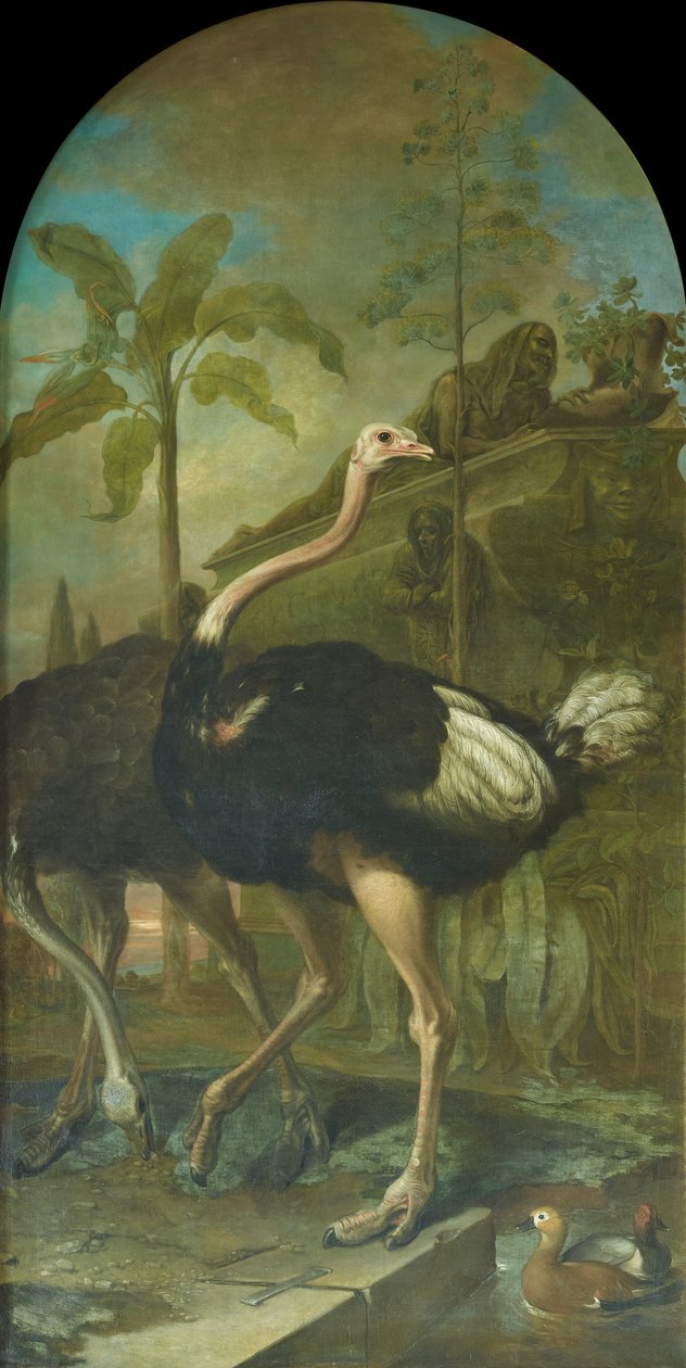 Et par strudse, i baggrunden en sarkofag af Ignaz Heinitz von Heinzenthal
