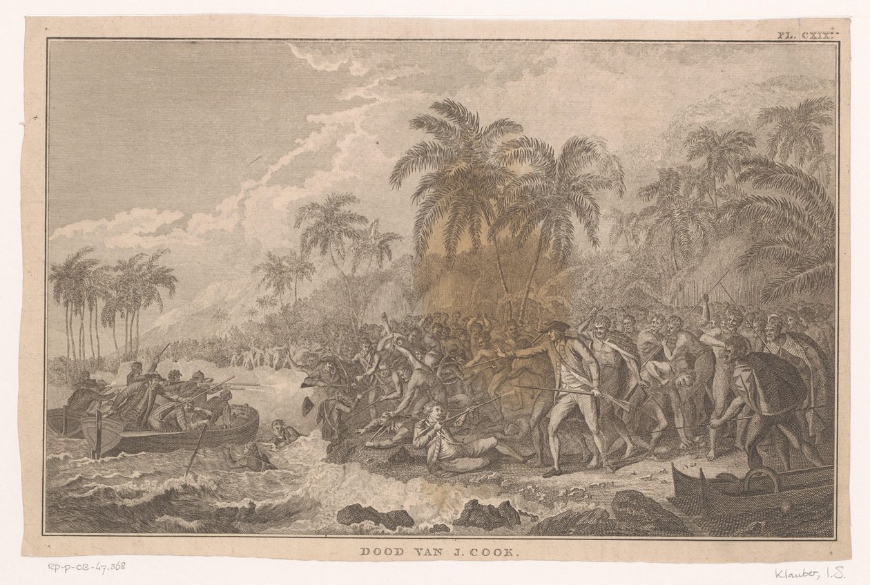 James Cooks død under en kamp med befolkningen på Hawaii J. Cooks død (titel på objektet) af Ignaz Sebastian Klauber (possibly)